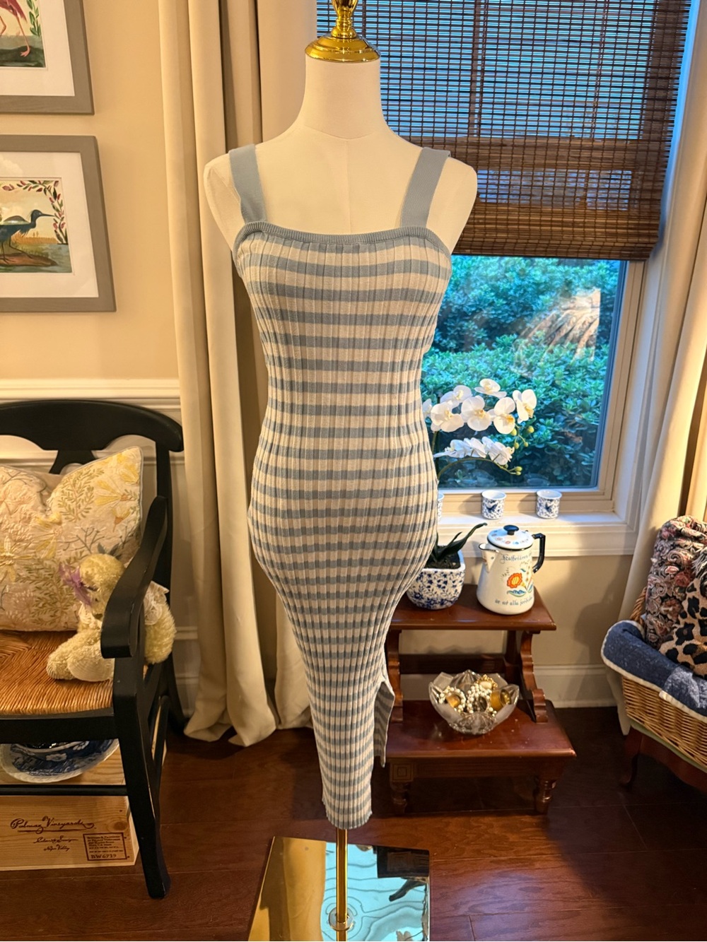 Ribbed Striped Midi Dress in Light Blue & White